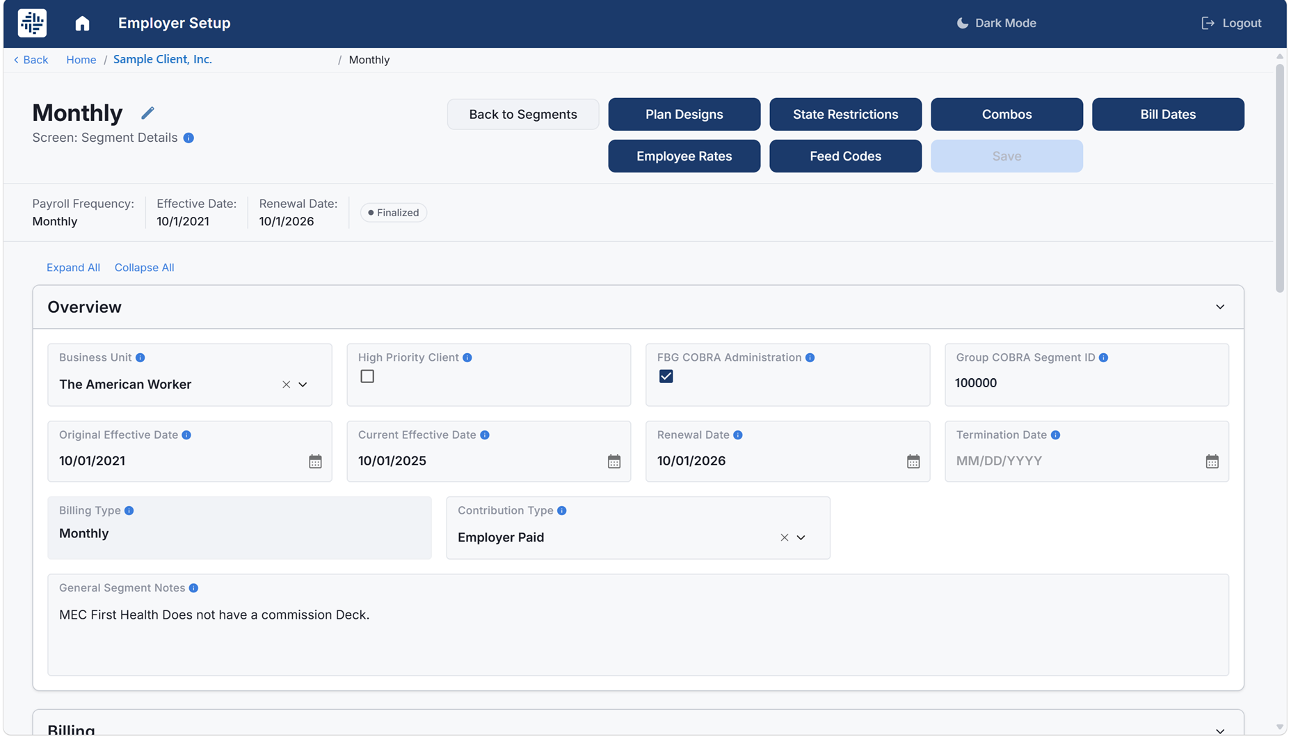 FBG employer setup platform showing plan segment details